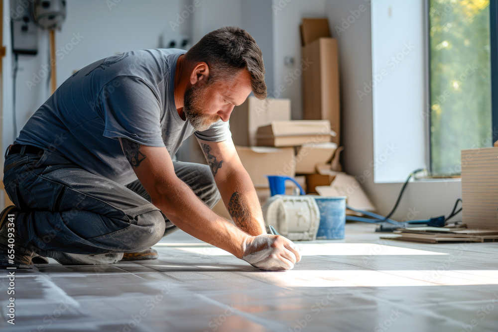 Tile installer, a man laying floor tiles in a new home, demonstrating the expertise and
