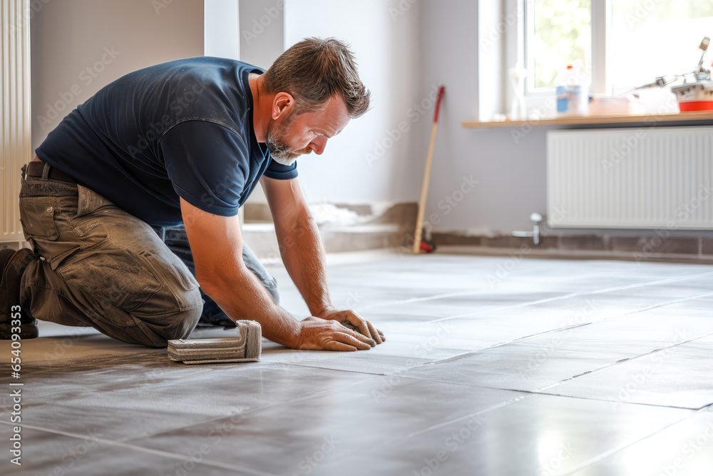 Tile installer, a man laying floor tiles in a new home, demonstrating