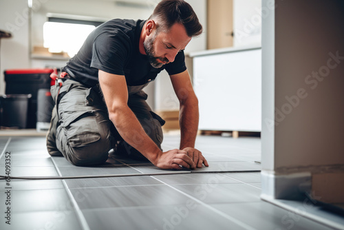Tile installer, a man laying floor tiles in a new home, demonstrating the expertise and precision of a professional contractor photo
