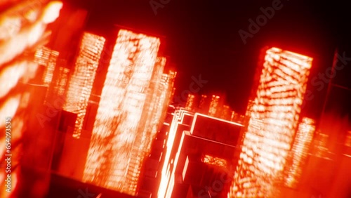 3d render. Futuristic landscape with cubic motion animation with orange light in the darkness with cold neon light.