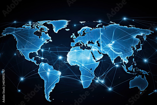 World map on black background, concept of international business, supply chain, global network, technological innovation, internet technology, web, digital future, futuristic, crypto currency, 