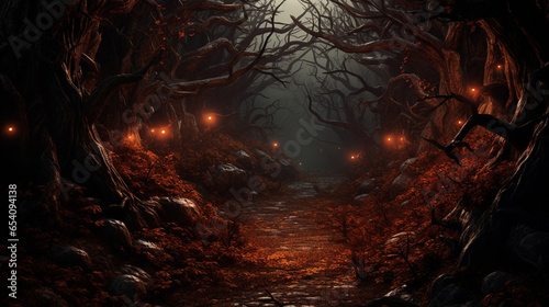 Scary Pathway Through A Dark Forest Halloween Background