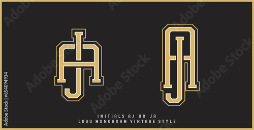 AJ or JA monogram logo in vintage style, capital font in gold color on black background. antique letter combination