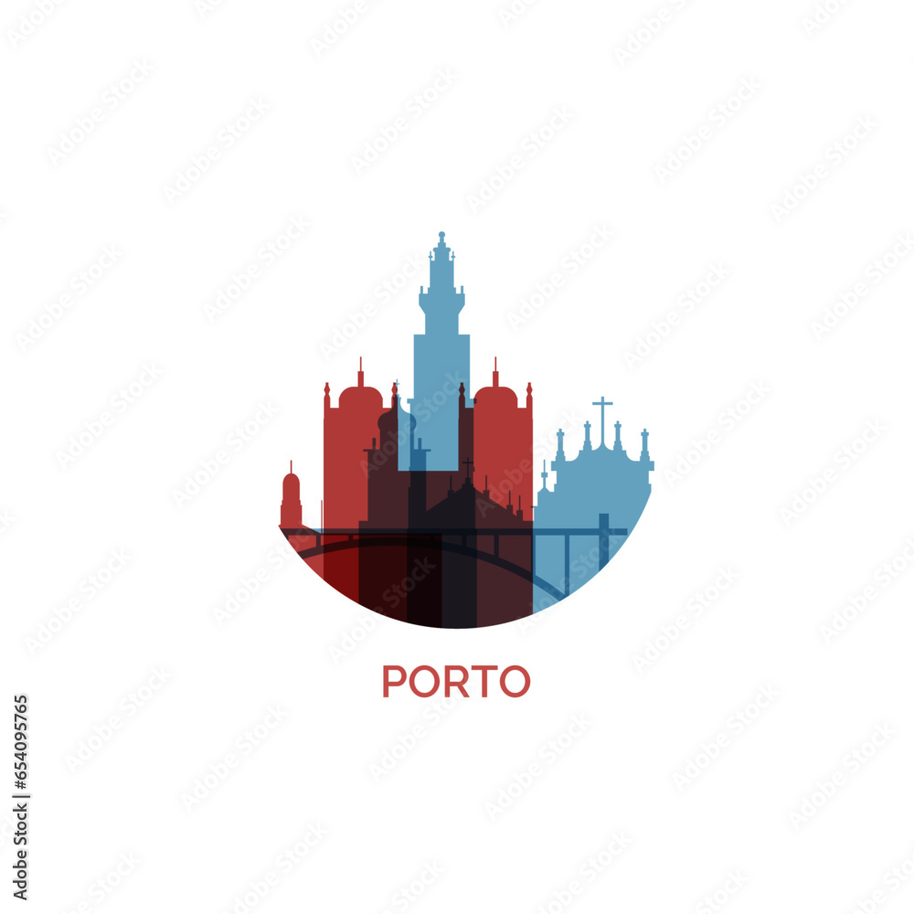 Portugal Porto cityscape skyline city panorama vector flat modern logo icon. Iberian Peninsula region emblem idea with landmarks and building silhouettes