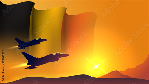 fighter jet plane with belgium waving flag background design with sunset view suitable for national belgium air forces day event