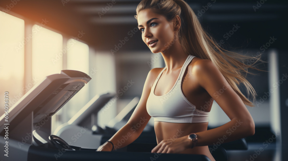 woman in gym - portrait of a attractive woman on stationary exercise machine