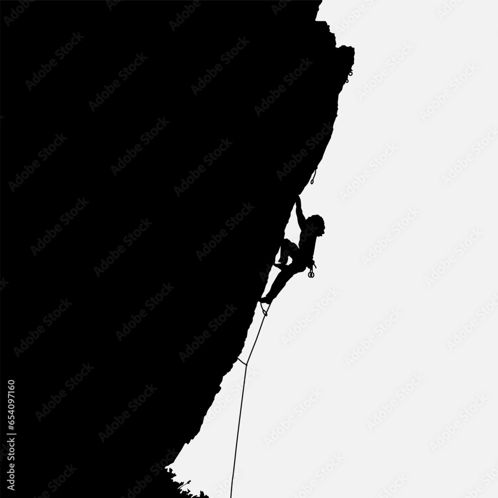 High details of climbing silhouette. Minimal symbol and logo of sport. Fit for element design, background, banner, backdrop, cover, logotype. Isolated on black background. Vector Eps 10