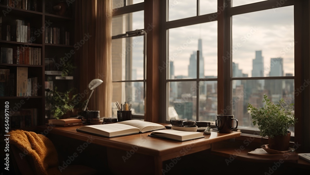 cozy place to study, city view outside windows