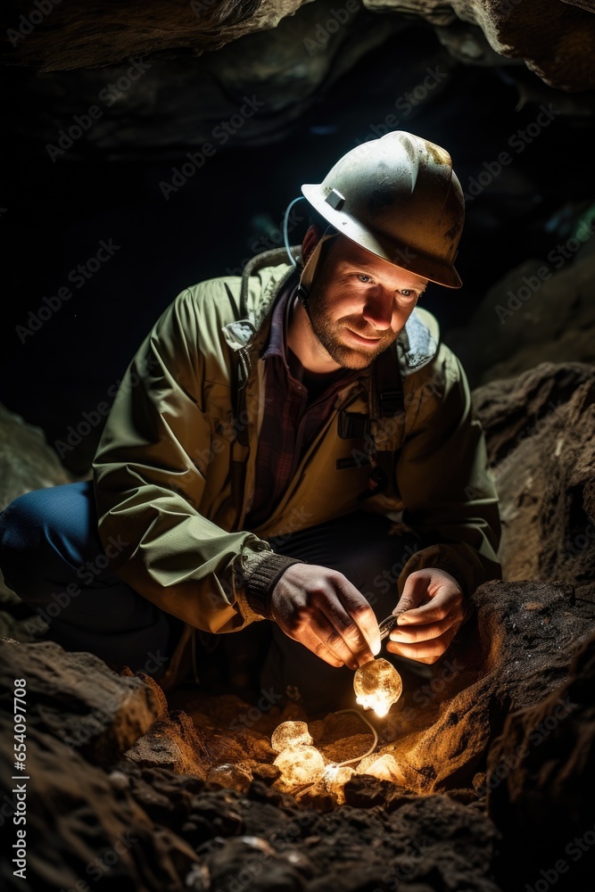 Geological scientist conducting an investigation inside a cave. Generative AI