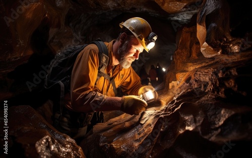 Geological scientist conducting an investigation inside a cave. Generative AI photo