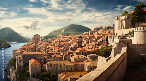 View of the ancient city walls of Dubrovnik with red roofs photo