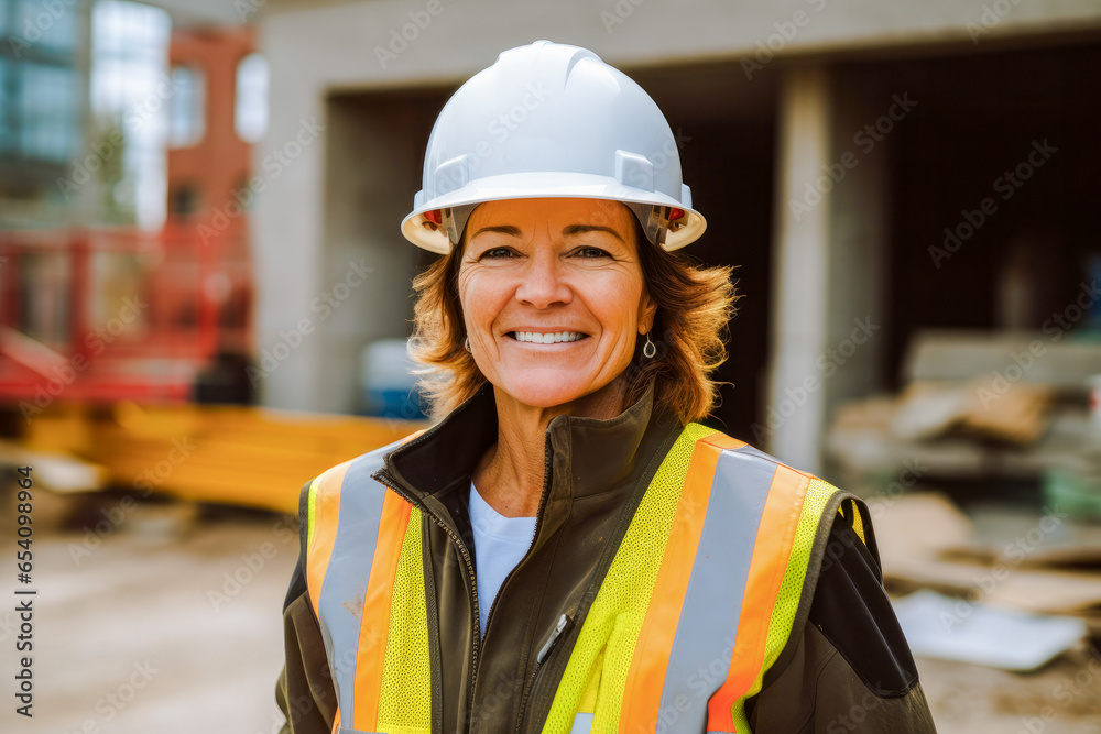 Portrait of a proud middle aged woman working on a construction site, wearing construction hard hat and work vest Portrait of a proud middle aged woman working on a construction site, wearing construction hard hat and work vest