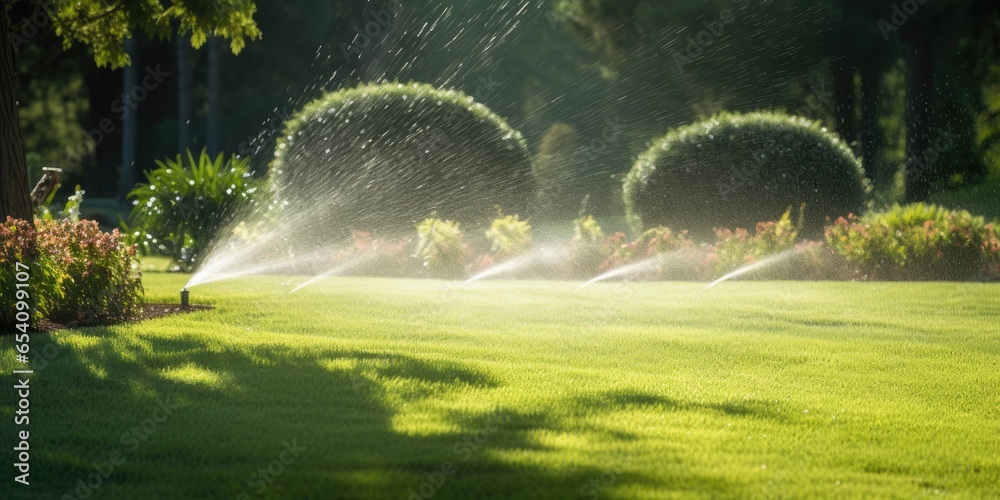 Automatic sprinkler system watering the lawn. Generative AI - obrazy, fototapety, plakaty 