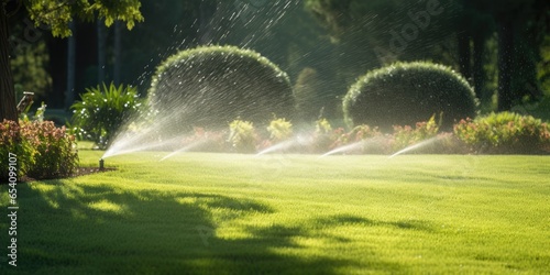 Automatic sprinkler system watering the lawn. Generative AI
