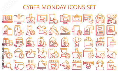 Fototapeta Naklejka Na Ścianę i Meble -  Cyber Monday gradient outline icons set, contain online shopping, discounts, sale and e-commerce promotions. use for modern concept, UI or UX kit, web and app development. vector EPS 10.