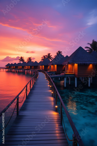 Amazing panoramic sunset Maldives. Luxury resort villas seascape