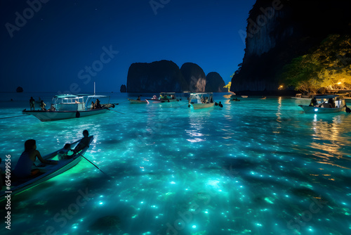 Bioluminescence in night sea water photo