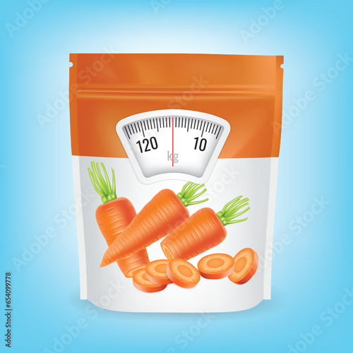 Carrot packaging with a weight scale. Diet concept. Vector.