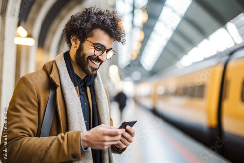 Happy smiling younger man looking at his smart phone at a train station photo