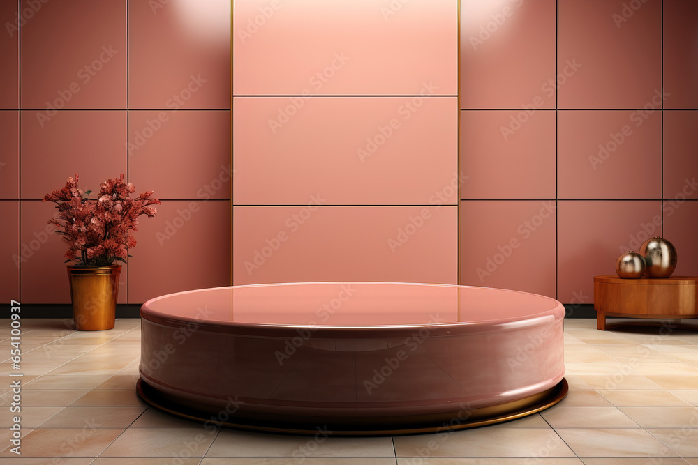 modern minimalist pink room with a tall cylindrical product display presentation or showcase pedestal. platform product template mockup