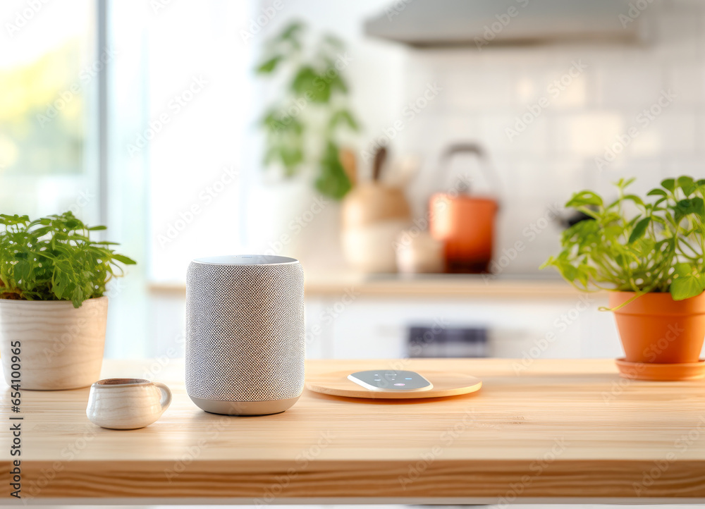 Smart speaker assistant on a kitchen table. Concept of AI technology in everyday life and the future of home automation. Nobody Smart speaker assistant on a kitchen table. Concept of AI technology in everyday life and the future of home automation. Nobody