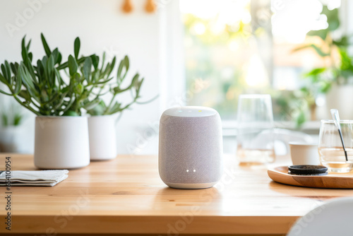 Smart speaker assistant on a kitchen table. Concept of AI technology in everyday life and the future of home automation. Nobody photo