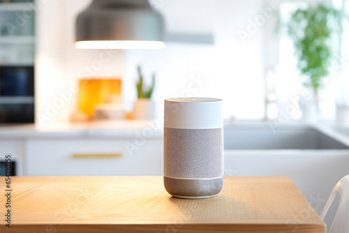 Smart speaker assistant on a kitchen table. Concept of AI technology in everyday life and the future of home automation. Nobody