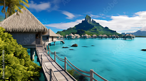 View of Bora Bora island with clear water and overwater bungalows photo