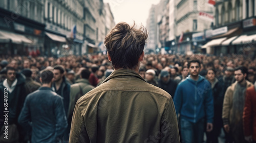 Back view of a young man standing in the middle of a crowded street