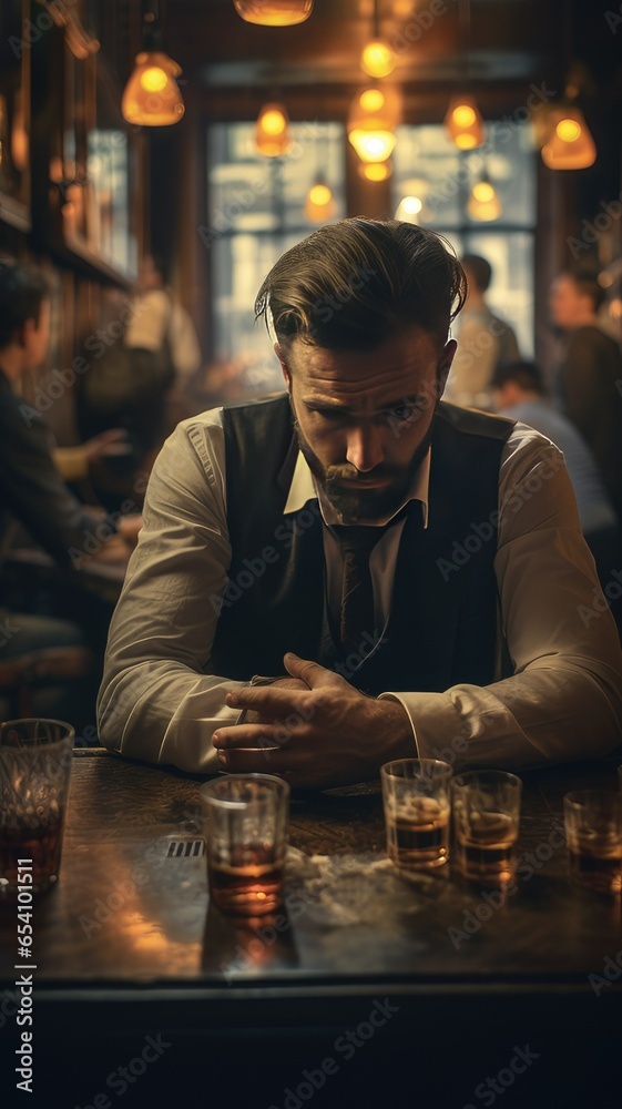 Dark dramatic image of man drinking alone in a bar reflecting on life. generative AI