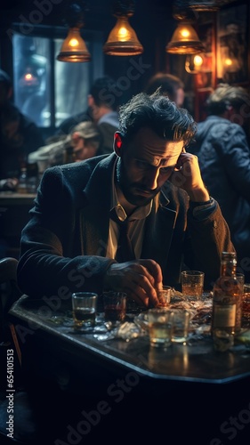 Wallpaper Mural Dark dramatic image of man drinking alone in a bar reflecting on life. generative AI Torontodigital.ca