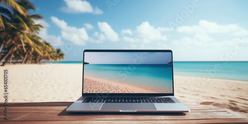 Laptop in the background of the beach © tashechka