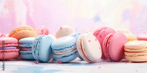 Macarons on a pastel background on watercolor style background