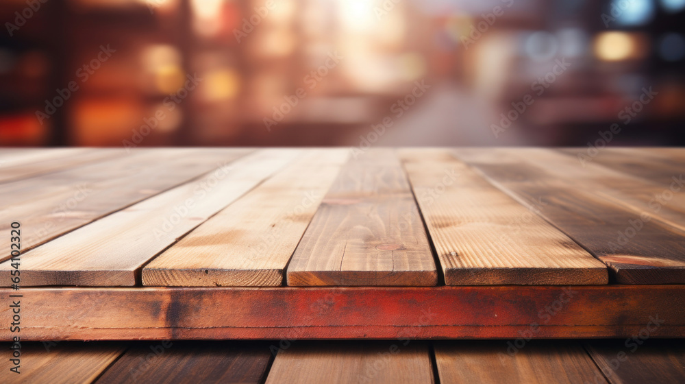 Empty wooden table top with blur background of large warehouse Empty wooden table top with blur background of large warehouse