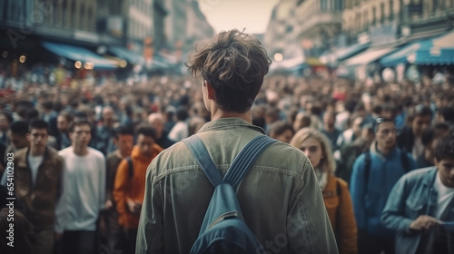 Back view of a young man standing in the middle of a crowded street © Thanos