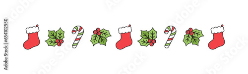 Christmas themed decorative border and text divider, Christmas Stocking, Candy Cane and Mistletoe Pattern. Vector Illustration.