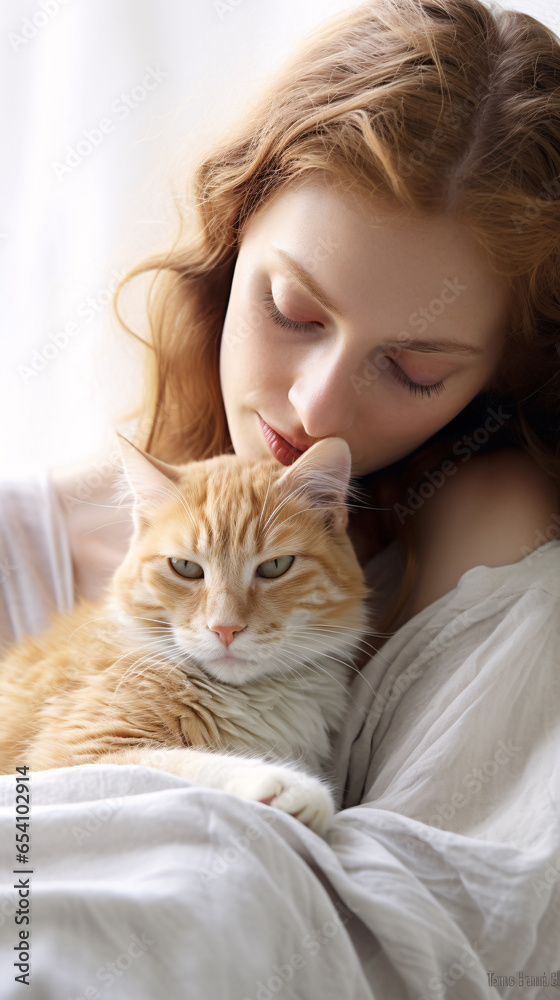 Tender Moment Captured  Woman's Hand Lovingly Strokes Ginger Cat, Isolated on White Background