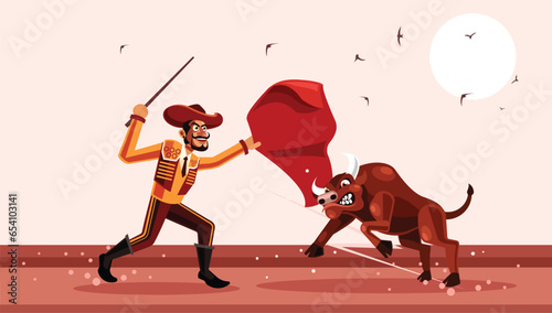 Matador and Bull Fighting Vector Illustration