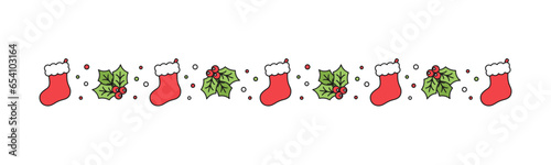 Christmas themed decorative border and text divider, Christmas Stocking and Mistletoe Pattern. Vector Illustration.