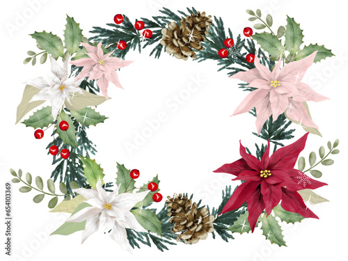 Fotografia クリスマスの飾り付けをした植物のリース　クリスマスリース　クリスマスカードとしても使えるクリスマスリースのかわいいフレーム　ポインセチアの花と松ぼっくりがアクセ