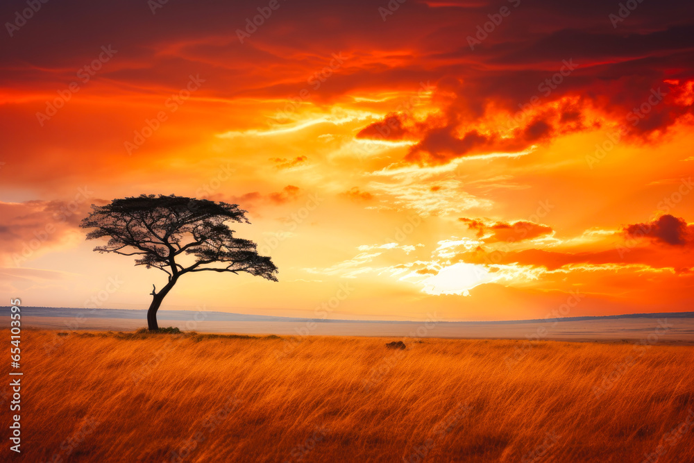 Lone tree on a grassy field with clouds in the horizon in Africa with dramatic clouds and sky