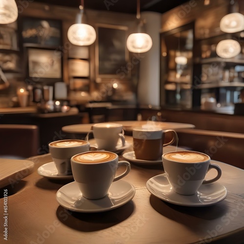 A cozy corner in a coffee shop with steaming cups of cappuccino and latte art2