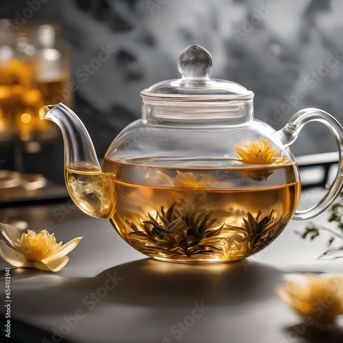 A clear glass teapot with blooming tea, unfurling its delicate petals in hot water1
