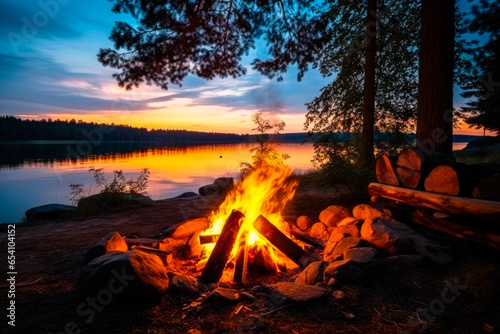 A view of a campfire in the forest on remote lake at dusk. Nature leisure vacation concept