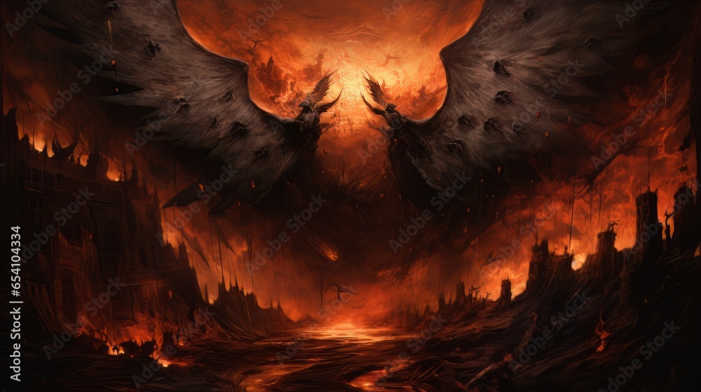 Demon with wings against the background of hell. Christian apocalypse AI - obrazy, fototapety, plakaty 
