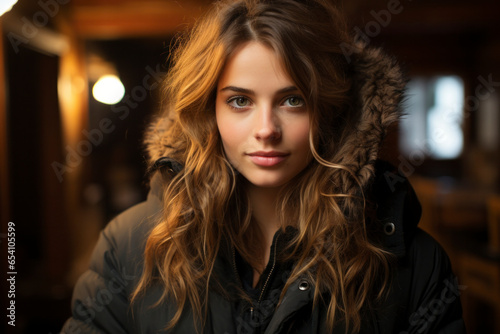 A portrait of a beautiful woman wearing a large winter coat with a furry hood © miketea88