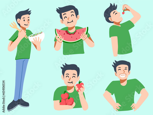 Man eating fruits and vegetables. Healthy lifestyle concept. eat fruit pose. Vector illustration.