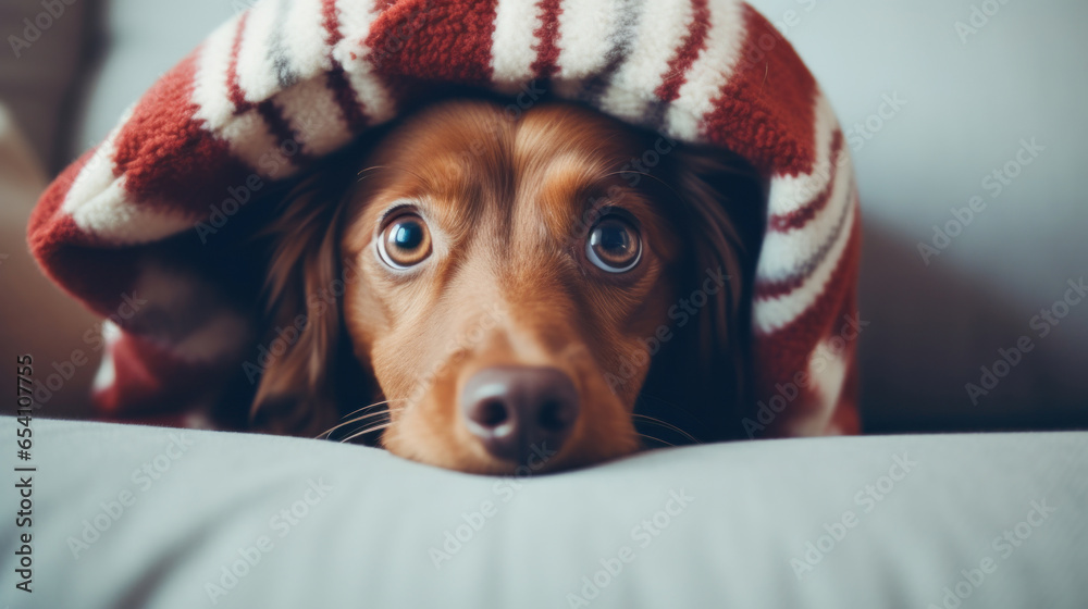 Cute dog basking under a warm blanket. - obrazy, fototapety, plakaty 