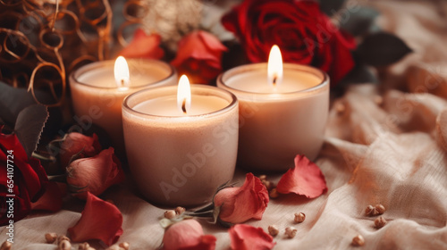 Candles and pink rose petals. A romantic background