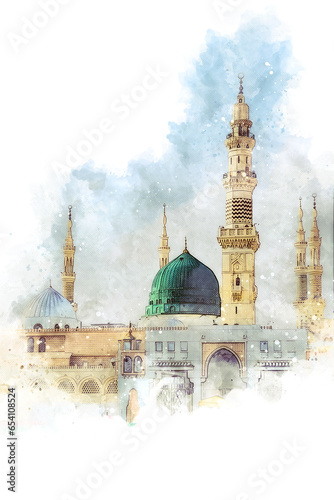 watercolor painting sketch of a green mosque with a green dome, prophet mosque in medina, saudi arabia photo